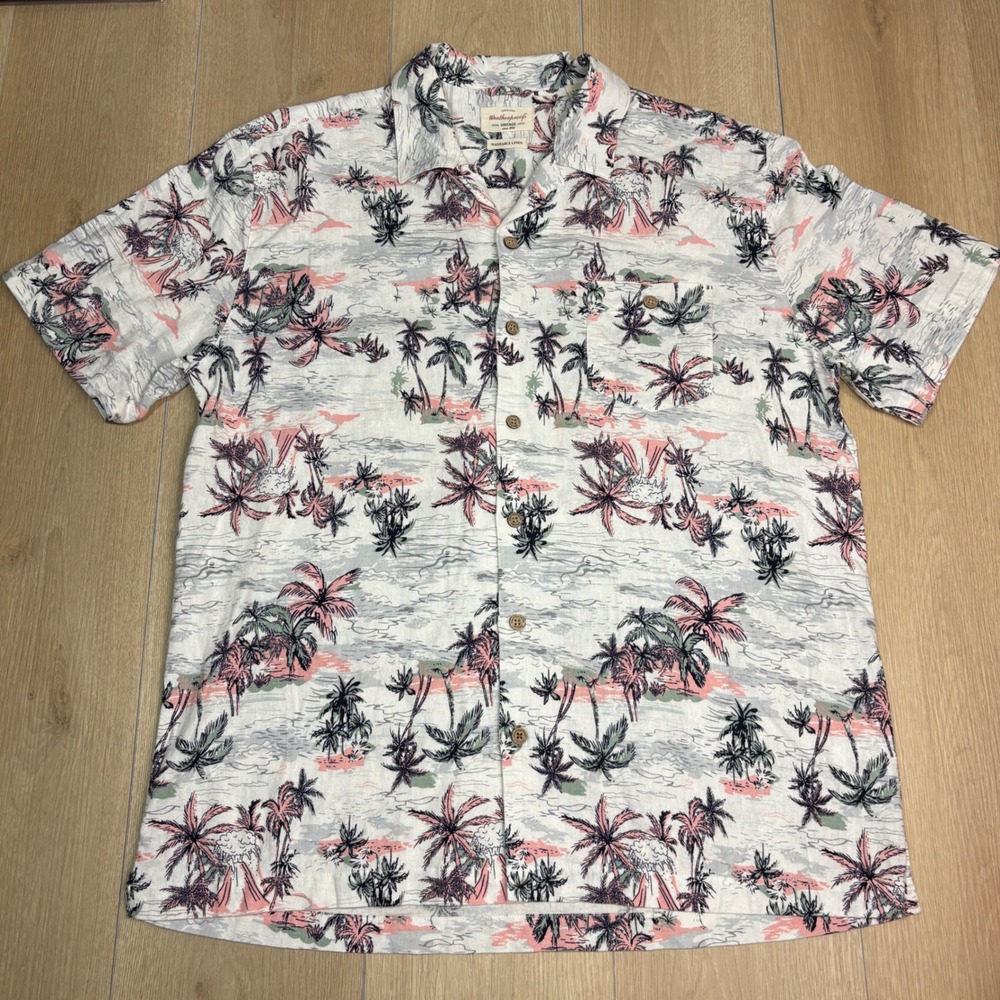 Weatherproof Vintage Mens Linen Button Down Shirt Tropical Palm Resort Large